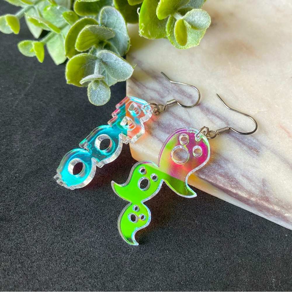 Iridescent Boo Earrings Acrylic Ghost Earring Halloween Jewelry Spooky Halloween